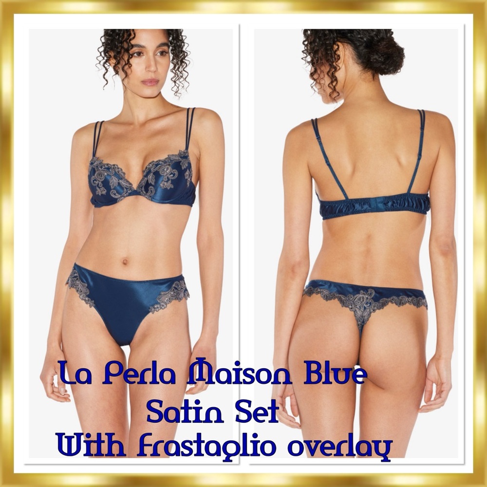 La Perla Maison Satin Navy Blue Embroidered Motif Set 36B Bra Thing Panty XS